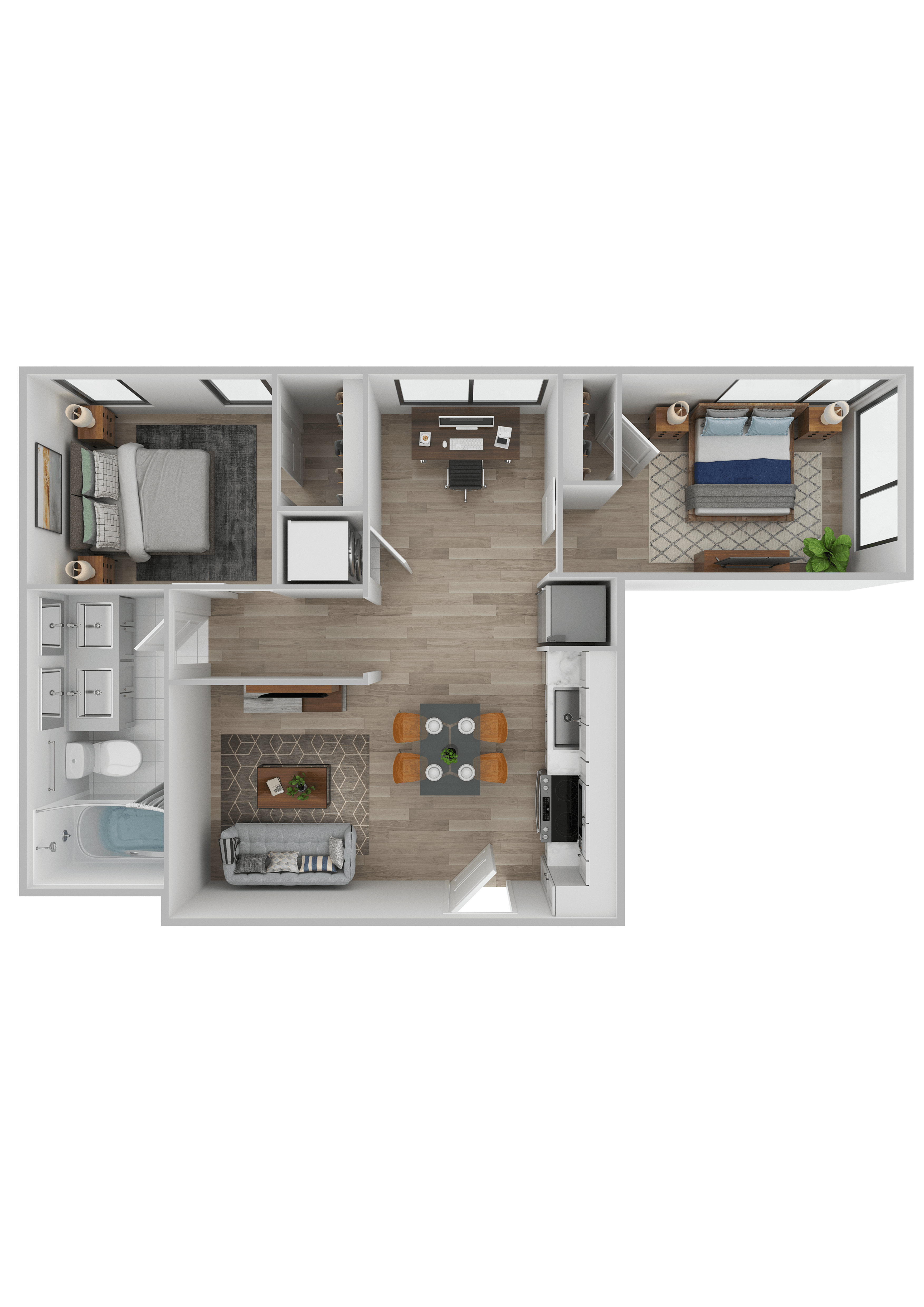 Floor plan for 2 beds, 1 bath, 652 sqft